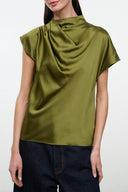 Olive green satin silk mock-neck top with short sleeves and draped front