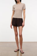 Stone cashmere crew-neck tee with short sleeves, fitted knit top