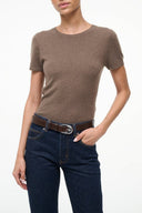 Truffle brown cashmere crewneck tee with short sleeves, fitted knit