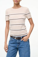 Light tan cashmere tee with crew neck and wide horizontal stripe bands, short sleeves