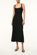 Black sleeveless midi dress with square neckline and gathered, pleated skirt