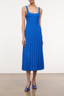 Cobalt sleeveless square-neck midi dress with pleated skirt