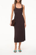 Ellison midi dress, dark brown sleeveless square neck with fitted bodice and pleated skirt