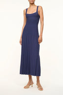 Ellison navy sleeveless midi dress, square neckline, pleated skirt