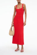 Sleeveless red midi dress with scoop neck and pleated skirt