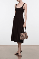 Women’s sleeveless midi dress, scoop neckline, dark brown knit; pleated skirt