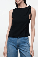 Black sleeveless top with shoulder tie detail