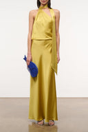 Citron yellow satin halter dress with draped neck and asymmetrical wrap front