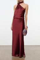 ESTELLE halter neck satin maxi dress, deep wine red with draped neckline