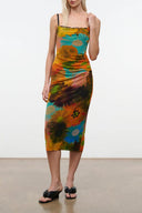 Evangeline dress with spaghetti straps, fitted midi length, multicolor floral print