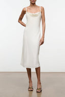 EVANGELINE silk midi dress, ivory satin slip with spaghetti straps and cowl neck