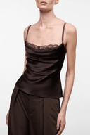 Evangeline silk camisole top in dark brown with lace-trim neckline and spaghetti straps