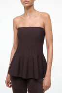 Strapless Evie top in dark brown with ribbed bodice and flared peplum hem