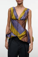 Silk V-neck sleeveless top with purple, yellow, and brown color-block panels