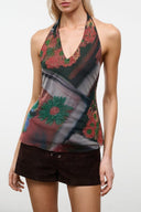 Halter beaded floral top with multicolor sparkle embroidery and V neckline