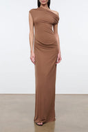 Felicity maxi dress in draped brown with sleeveless cowl neckline, side gathers