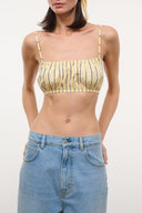 Yellow vertical striped crop top with spaghetti straps and square neckline
