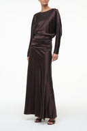 Silk maxi dress in dark brown, long sleeves and draped waist