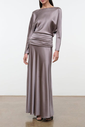 Zinc silk satin dress, long sleeves, ruched draped waist, full-length column