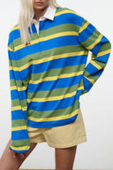 GAVIN striped button-up shirt, blue green yellow horizontal stripes, long sleeves