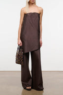 Convertible silk dupioni top, strapless bandeau style in dark brown, draped front