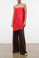 Convertible silk dupioni top in red with strapless bandeau and asymmetric hem