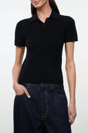 Cashmere polo sweater, black short sleeves with collar and button placket