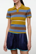 Cashmere knit polo sweater with horizontal canyon stripes, button placket and collar
