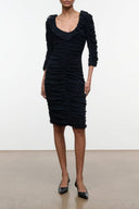 Gretta black ruched midi dress with gathered shoulders and three-quarter sleeves