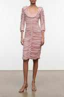 Ruched midi dress with puff sleeves and square neckline, sandrose pink