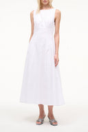 White sleeveless midi dress with scoop neckline and fitted waist