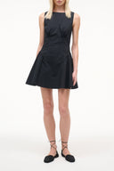 Black sleeveless mini dress with fitted bodice and flared skirt