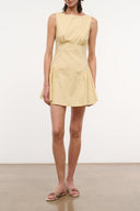 Butter mini dress, sleeveless with square neckline and ruched waist, gathered skirt