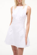 White sleeveless mini dress with square neckline and fitted waist