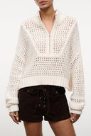 Ivory cropped knit sweater with half-zip, ribbed hem and cuffs