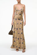 Floral silk maxi dress with spaghetti straps and V-neck; fitted bodice, yellow with blue flowers
