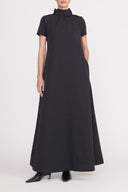 Black high-neck maxi dress with short sleeves and gathered neckline