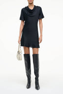 Black silk dress with draped cowl neck and short sleeves