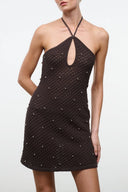 Espresso halter mini dress with keyhole neckline and sleeveless knit bodice