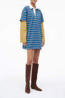 IVAR dress with navy and chartreuse striped polo collar, short sleeves, button-front