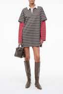 IVAR collared striped dress with short sleeves: dark gray/white stripes and burgundy side panels