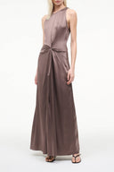 Sleeveless mink silk maxi dress with round neck and tied waist detail