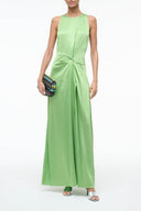 Sleeveless green silk maxi dress with gathered waist and round neckline
