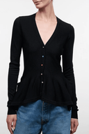 Black V-neck button cardigan top with long sleeves and peplum hem