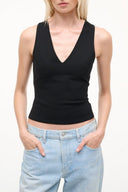 Black V-neck tank top with sleeveless cut