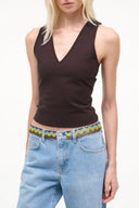 Dark brown V-neck sleeveless tank top with fitted waist and narrow shoulder straps