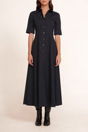 Black maxi dress with short sleeves and button-front placket, V-neck and gathered skirt