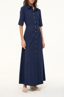 Navy collared maxi dress with front buttons and 3/4 sleeves