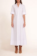 White maxi shirt dress with button front, collar, and short sleeves
