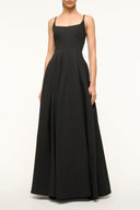 Black maxi dress with spaghetti straps and a full, gathered skirt